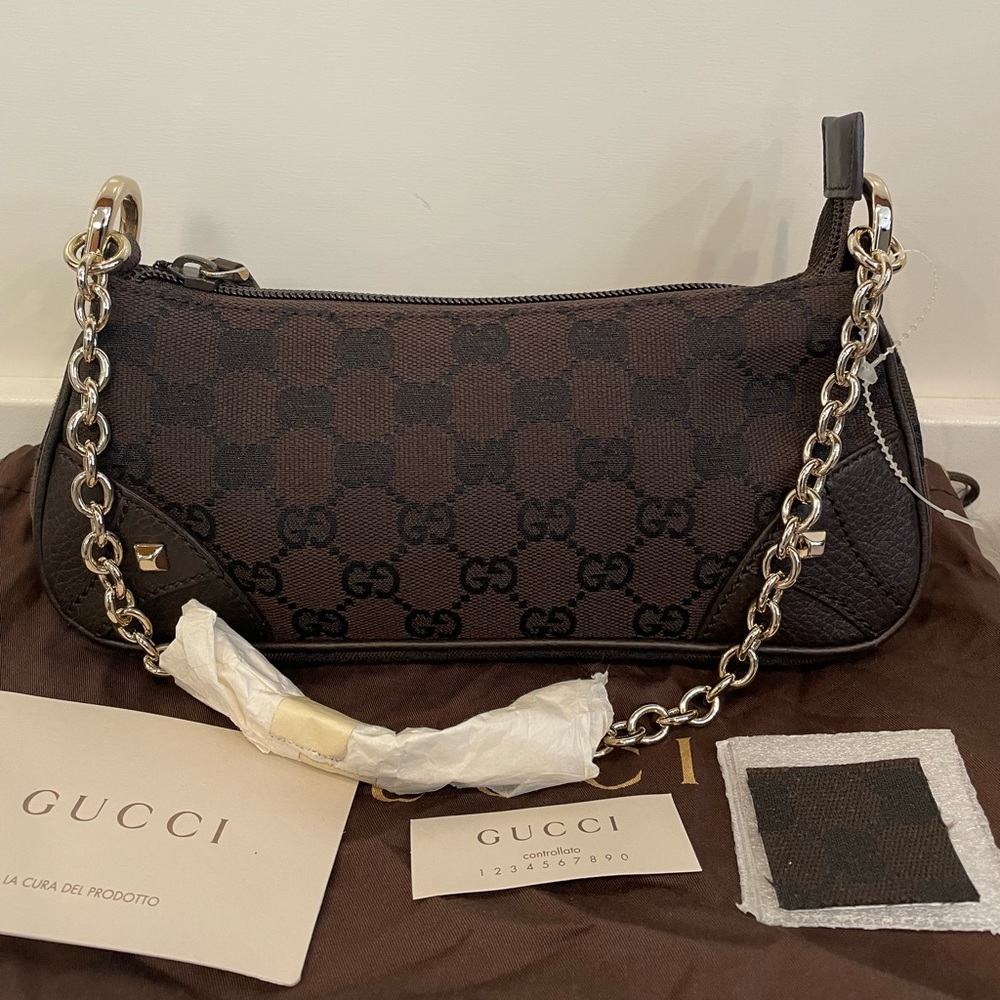 GUCCI 272383 Monogram Studded Chain Clutch Dark Brown